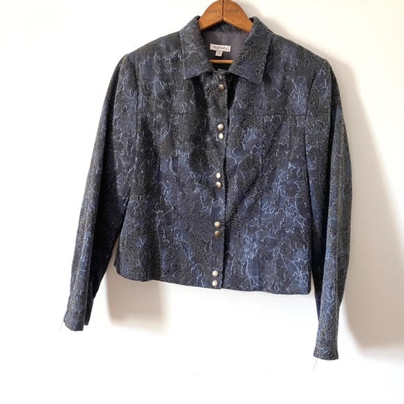 90’s Vintage Blue Cotton Brocade Jacket, Ingenuity Winter Fashion Coat Canada - Picture 5 of 10
